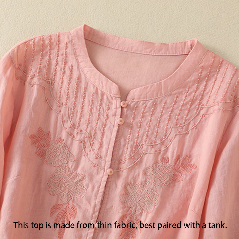 Nimara Ritual Rose Floral Embroidery Button Half Sleeve Women's Cotton Shirt