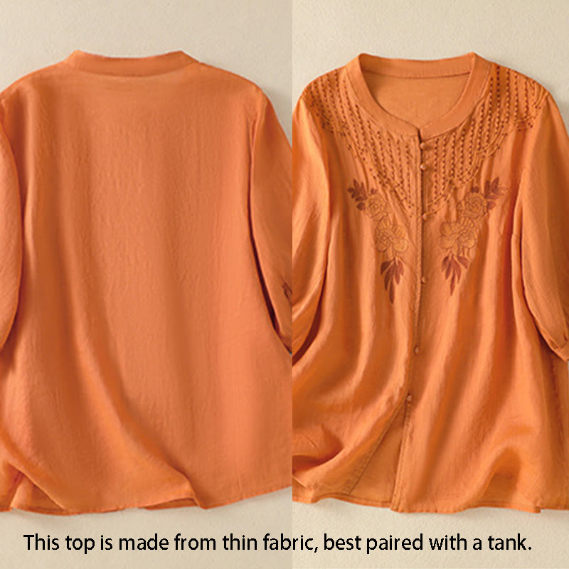 Nimara Ritual Rose Floral Embroidery Button Half Sleeve Women's Cotton Shirt