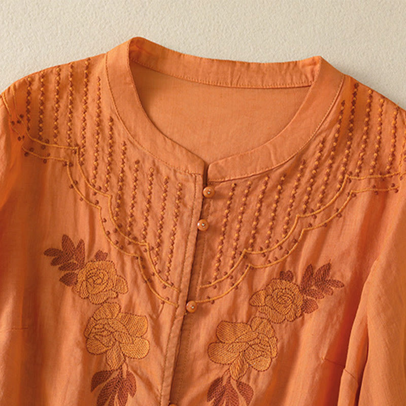 Nimara Ritual Rose Floral Embroidery Button Half Sleeve Women's Cotton Shirt