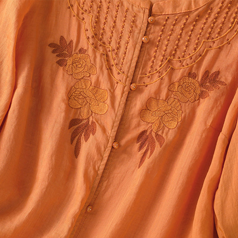 Nimara Ritual Rose Floral Embroidery Button Half Sleeve Women's Cotton Shirt