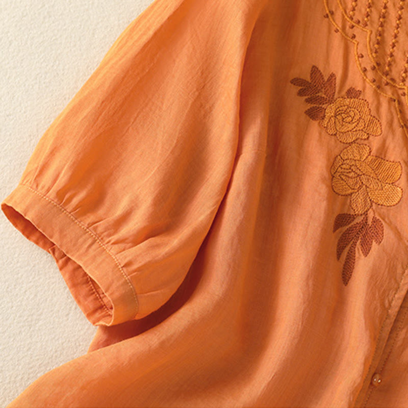Nimara Ritual Rose Floral Embroidery Button Half Sleeve Women's Cotton Shirt