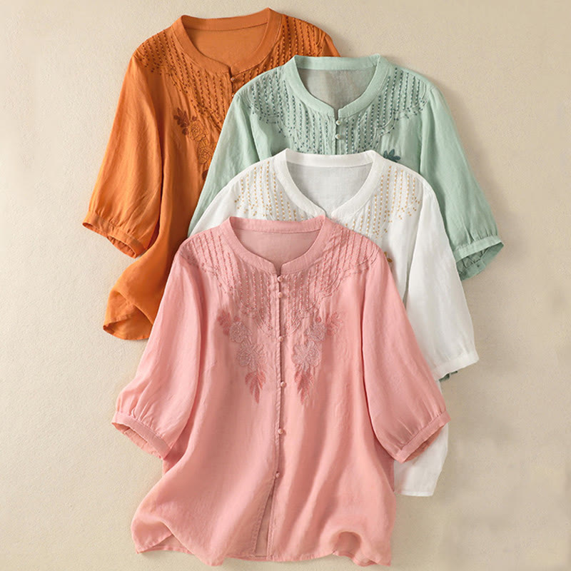 Nimara Ritual Rose Floral Embroidery Button Half Sleeve Women's Cotton Shirt