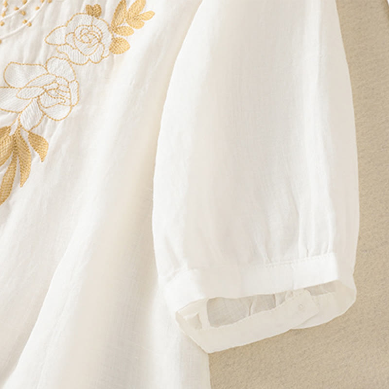 Nimara Ritual Rose Floral Embroidery Button Half Sleeve Women's Cotton Shirt