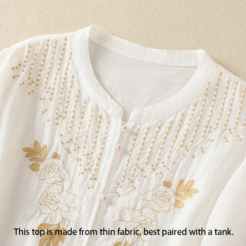 Nimara Ritual Rose Floral Embroidery Button Half Sleeve Women's Cotton Shirt