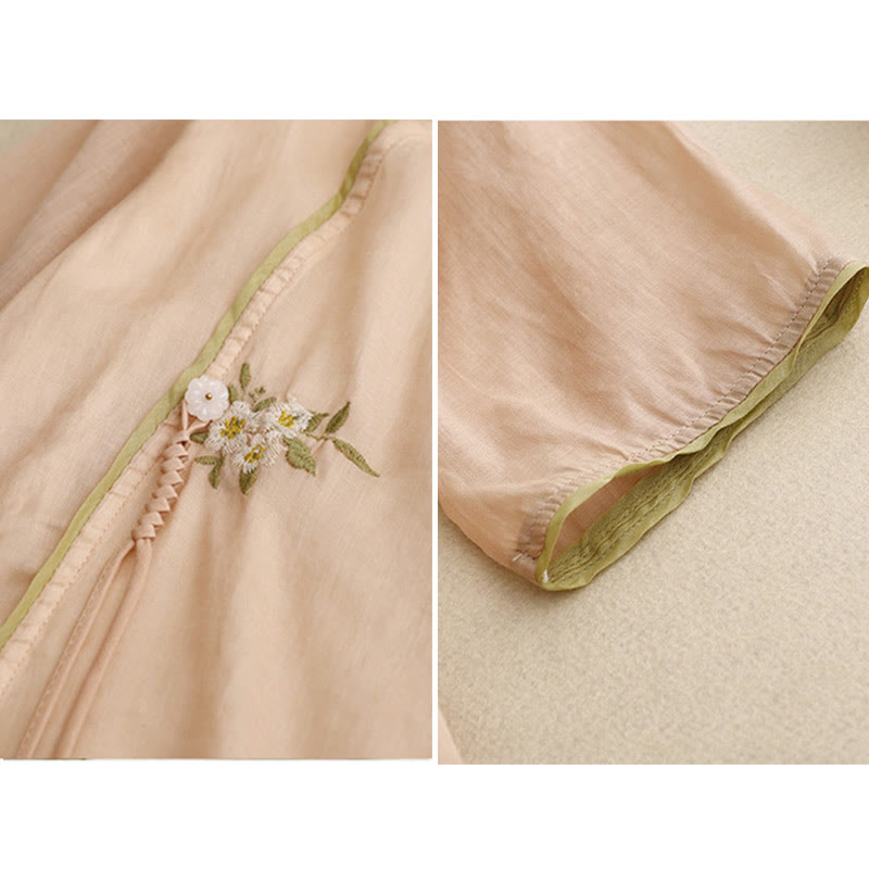 Nimara Ritual Beige Floral Green Leaf Embroidery Crew Neck Three Quarter Sleeve Women's Shirt