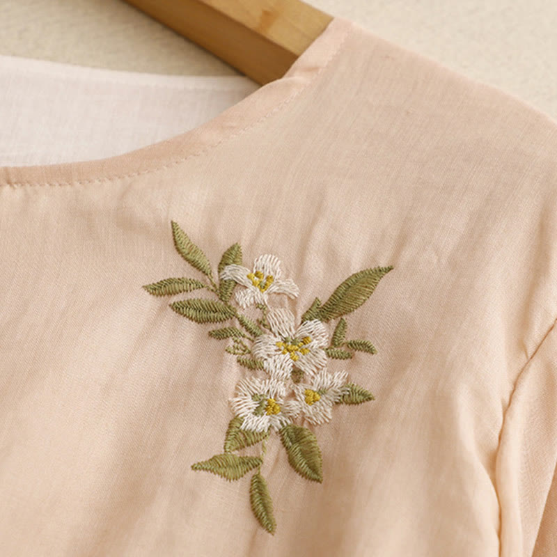 Nimara Ritual Beige Floral Green Leaf Embroidery Crew Neck Three Quarter Sleeve Women's Shirt