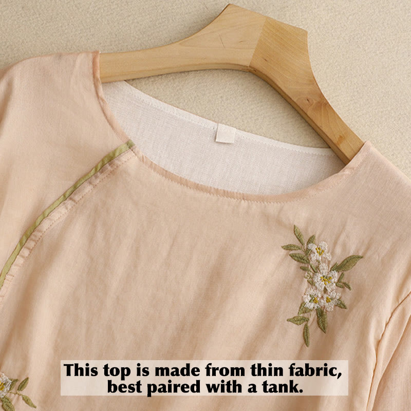 Nimara Ritual Beige Floral Green Leaf Embroidery Crew Neck Three Quarter Sleeve Women's Shirt
