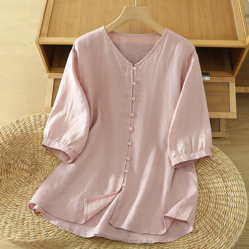 Nimara Ritual Solid Buttons V-Neck Half Sleeve Women's Shirt