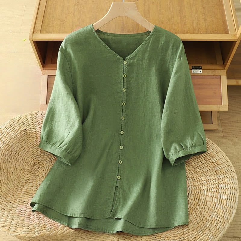Nimara Ritual Solid Buttons V-Neck Half Sleeve Women's Shirt