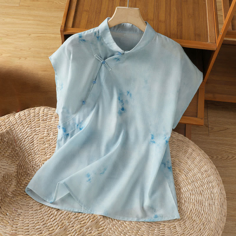 Nimara Ritual Light Blue Frog-Button Sleeveless Women's Shirt
