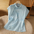 Nimara Ritual Light Blue Frog-Button Sleeveless Women's Shirt