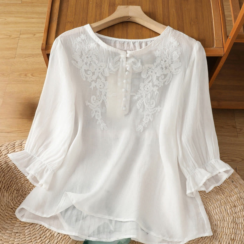 Nimara Ritual Flower Vines Embroidery Button Crew Neck Three Quarter Sleeve Women's Cotton Shirt