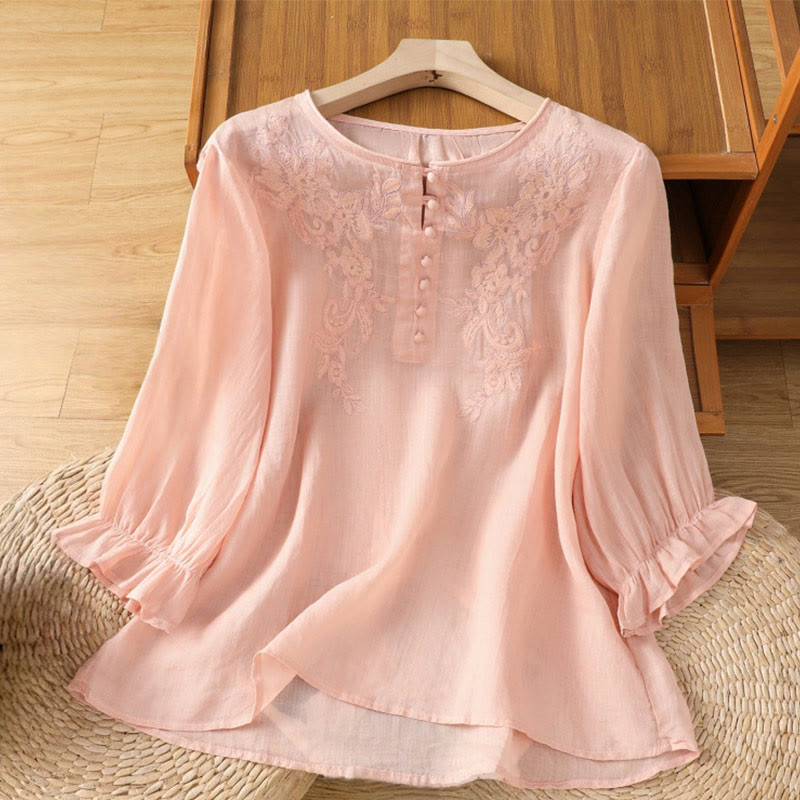 Nimara Ritual Flower Vines Embroidery Button Crew Neck Three Quarter Sleeve Women's Cotton Shirt