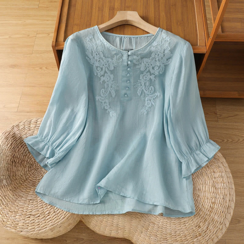 Nimara Ritual Flower Vines Embroidery Button Crew Neck Three Quarter Sleeve Women's Cotton Shirt