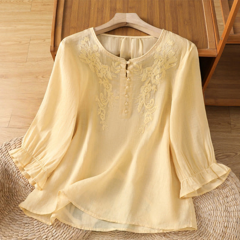 Nimara Ritual Flower Vines Embroidery Button Crew Neck Three Quarter Sleeve Women's Cotton Shirt