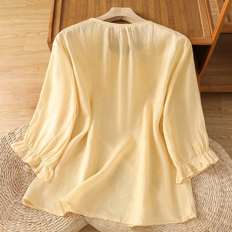 Nimara Ritual Flower Vines Embroidery Button Crew Neck Three Quarter Sleeve Women's Cotton Shirt