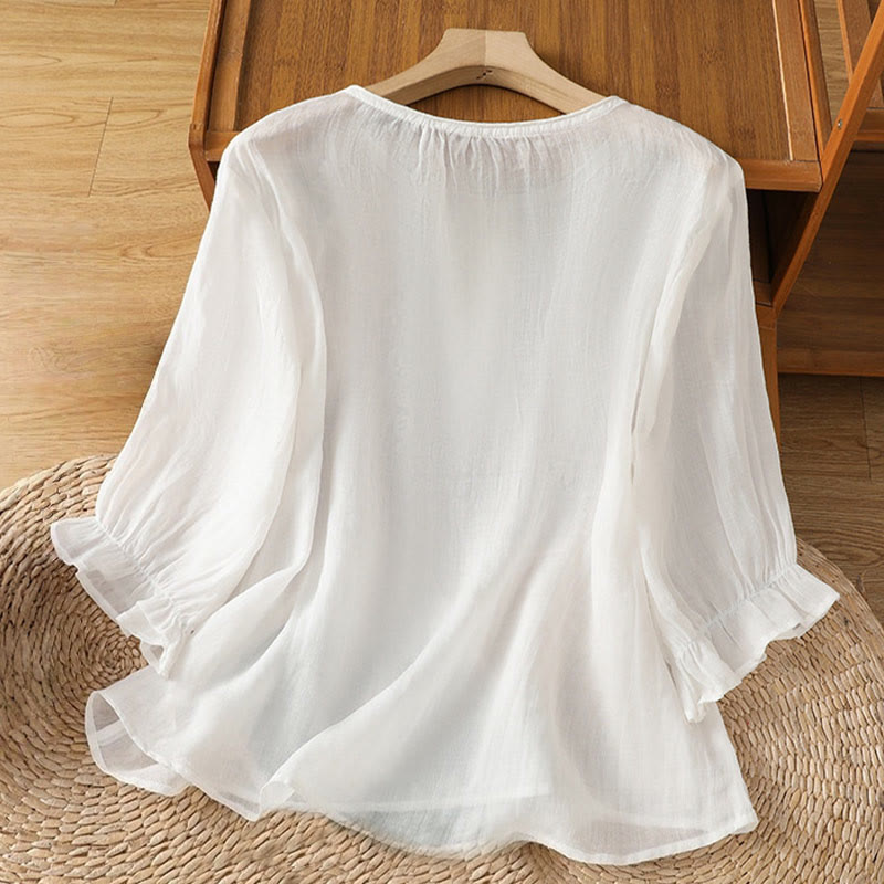 Nimara Ritual Flower Vines Embroidery Button Crew Neck Three Quarter Sleeve Women's Cotton Shirt
