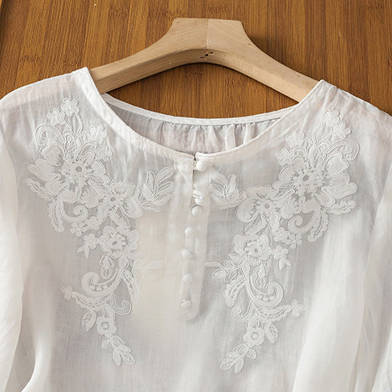 Nimara Ritual Flower Vines Embroidery Button Crew Neck Three Quarter Sleeve Women's Cotton Shirt