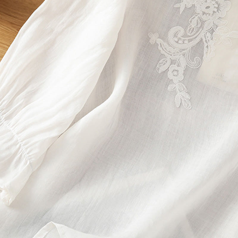 Nimara Ritual Flower Vines Embroidery Button Crew Neck Three Quarter Sleeve Women's Cotton Shirt