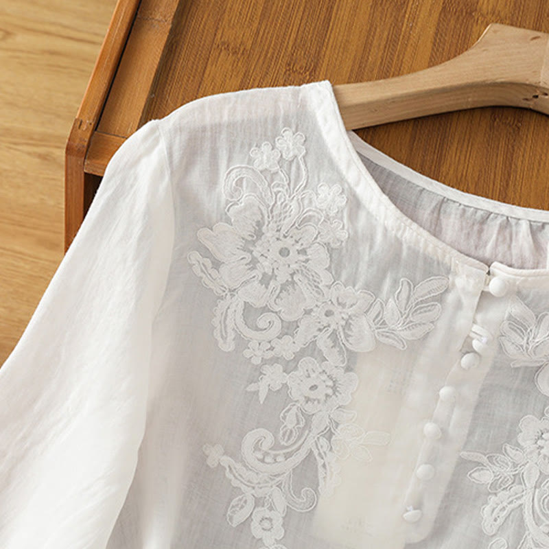 Nimara Ritual Flower Vines Embroidery Button Crew Neck Three Quarter Sleeve Women's Cotton Shirt