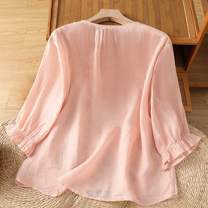Nimara Ritual Flower Vines Embroidery Button Crew Neck Three Quarter Sleeve Women's Cotton Shirt