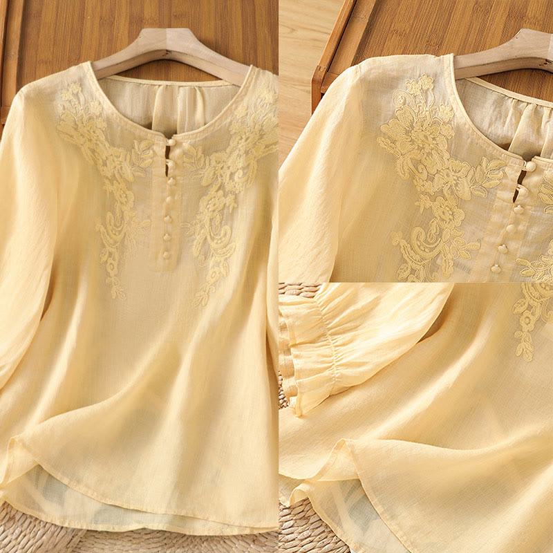 Nimara Ritual Flower Vines Embroidery Button Crew Neck Three Quarter Sleeve Women's Cotton Shirt