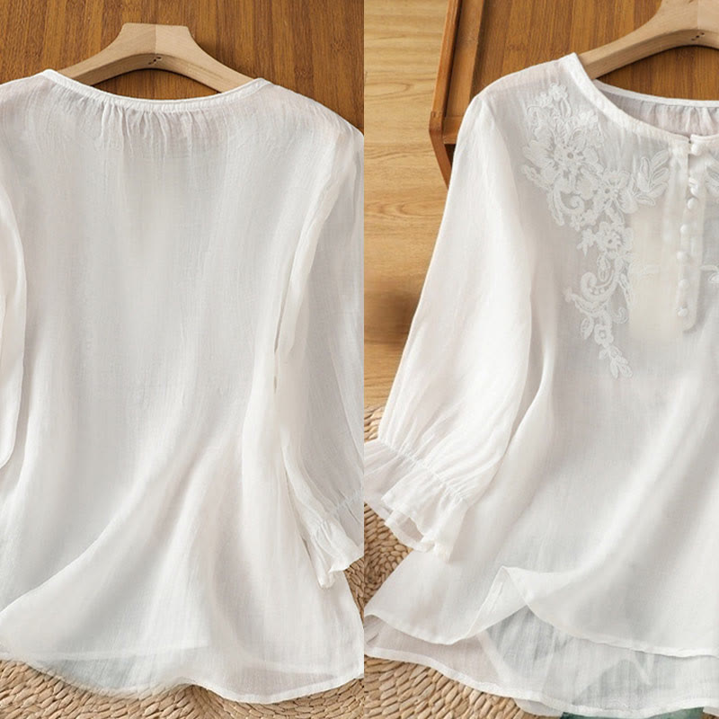 Nimara Ritual Flower Vines Embroidery Button Crew Neck Three Quarter Sleeve Women's Cotton Shirt