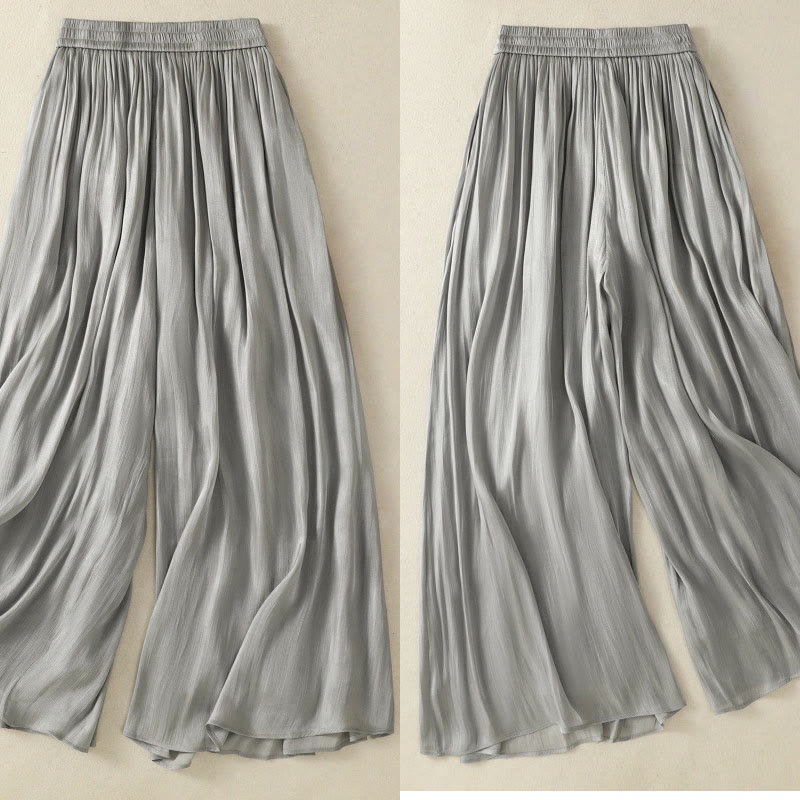 Nimara Ritual Light Gray Pleated Design Elastic Waist Women's Wide Leg Pants With Pockets