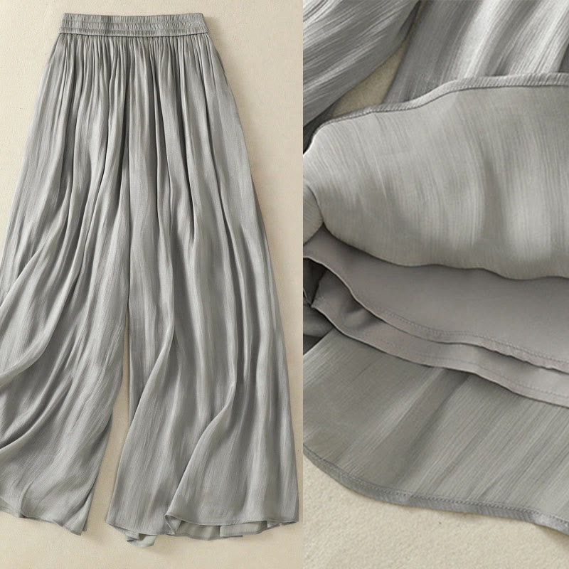 Nimara Ritual Light Gray Pleated Design Elastic Waist Women's Wide Leg Pants With Pockets