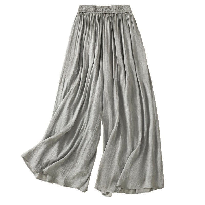 Nimara Ritual Light Gray Pleated Design Elastic Waist Women's Wide Leg Pants With Pockets