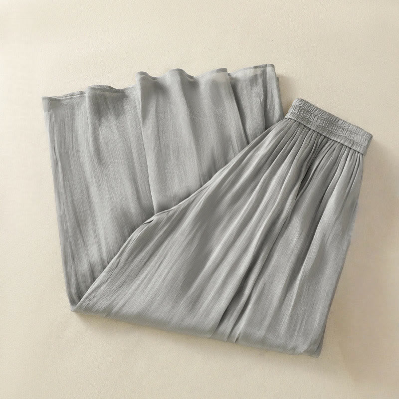 Nimara Ritual Light Gray Pleated Design Elastic Waist Women's Wide Leg Pants With Pockets