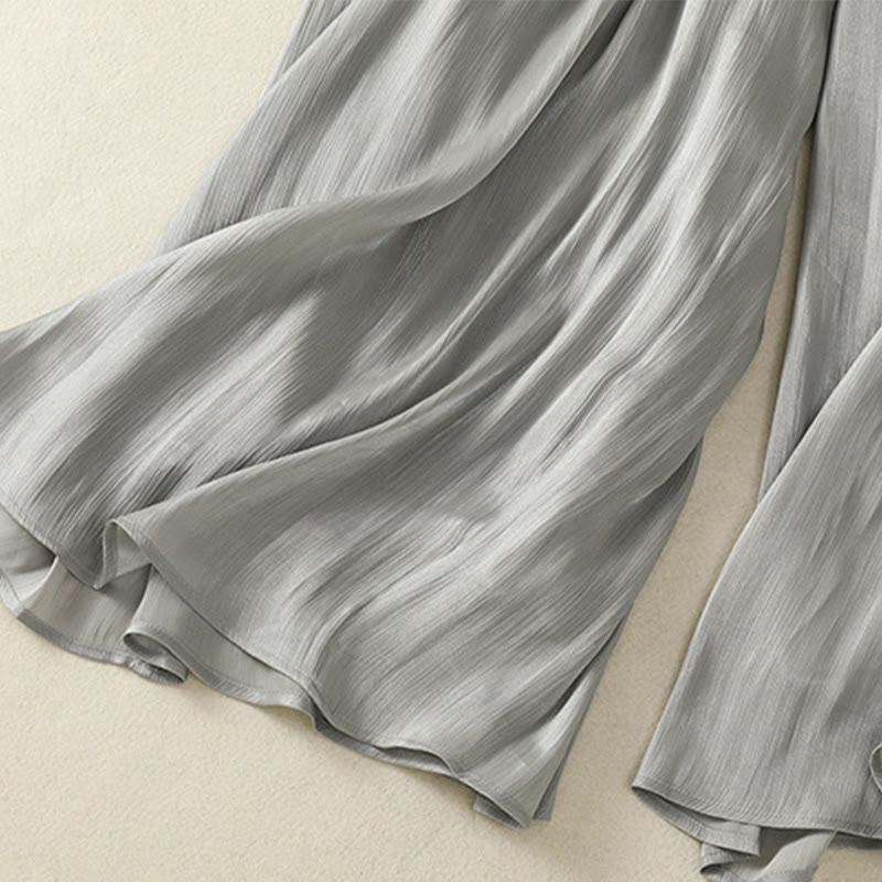 Nimara Ritual Light Gray Pleated Design Elastic Waist Women's Wide Leg Pants With Pockets