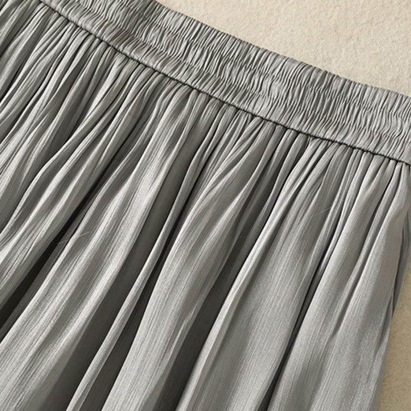 Nimara Ritual Light Gray Pleated Design Elastic Waist Women's Wide Leg Pants With Pockets