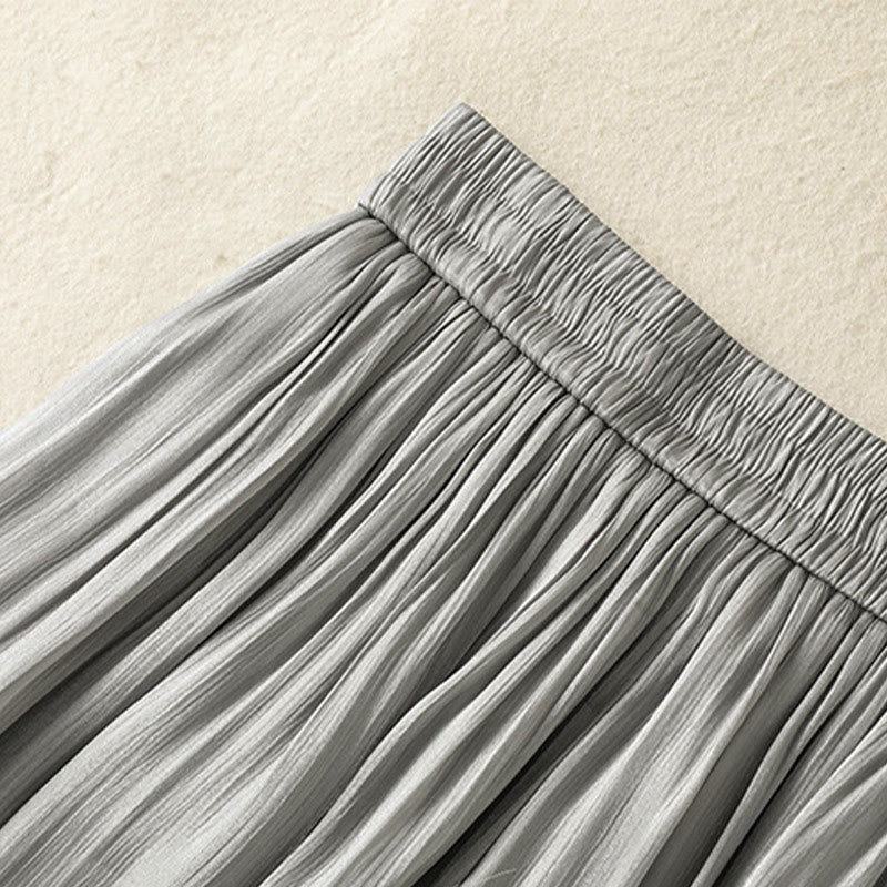 Nimara Ritual Light Gray Pleated Design Elastic Waist Women's Wide Leg Pants With Pockets