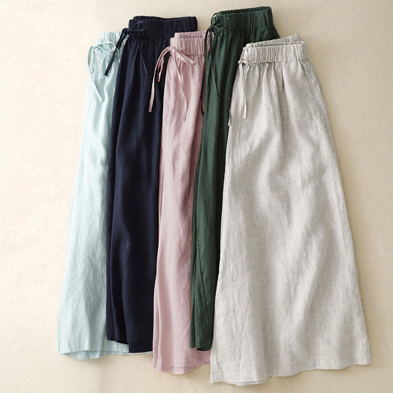 Nimara Ritual Summer Elastic Waist Women's Capri Cropped Wide Leg Pants With Pockets