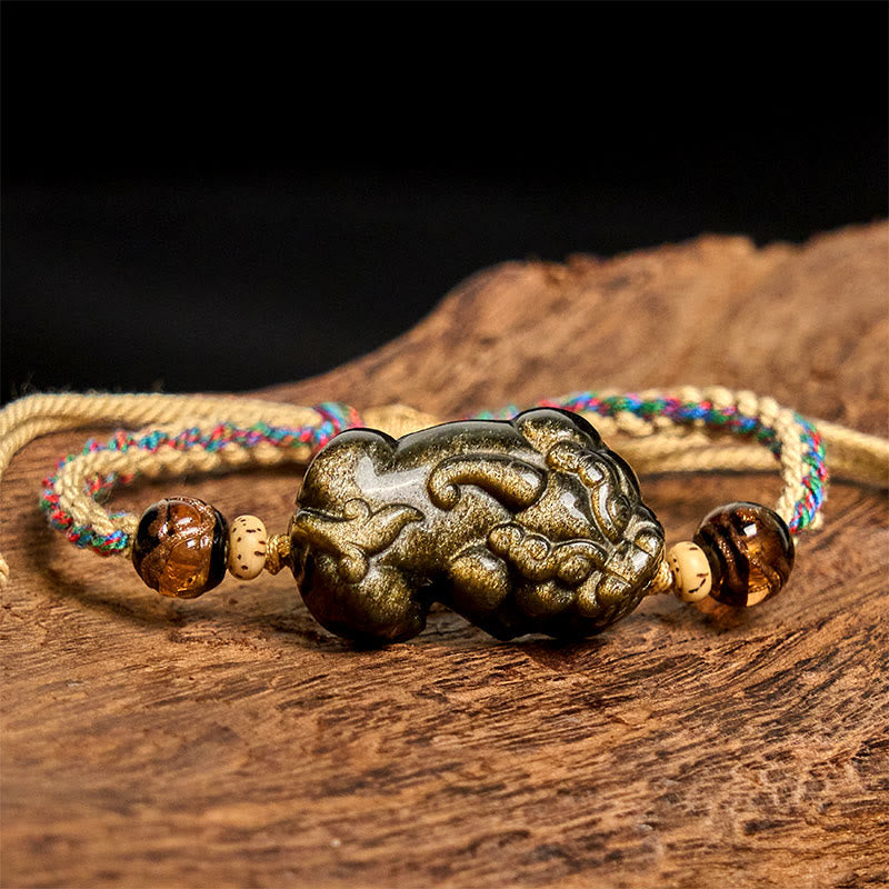 Nimara Ritual Gold Sheen Obsidian PiXiu Wealth Rope Bracelet