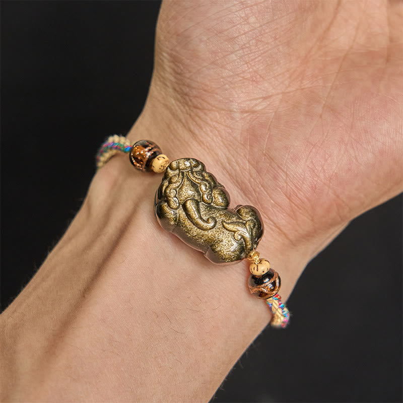 Nimara Ritual Gold Sheen Obsidian PiXiu Wealth Rope Bracelet