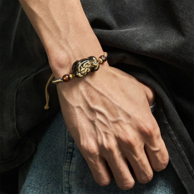 Nimara Ritual Gold Sheen Obsidian PiXiu Wealth Rope Bracelet