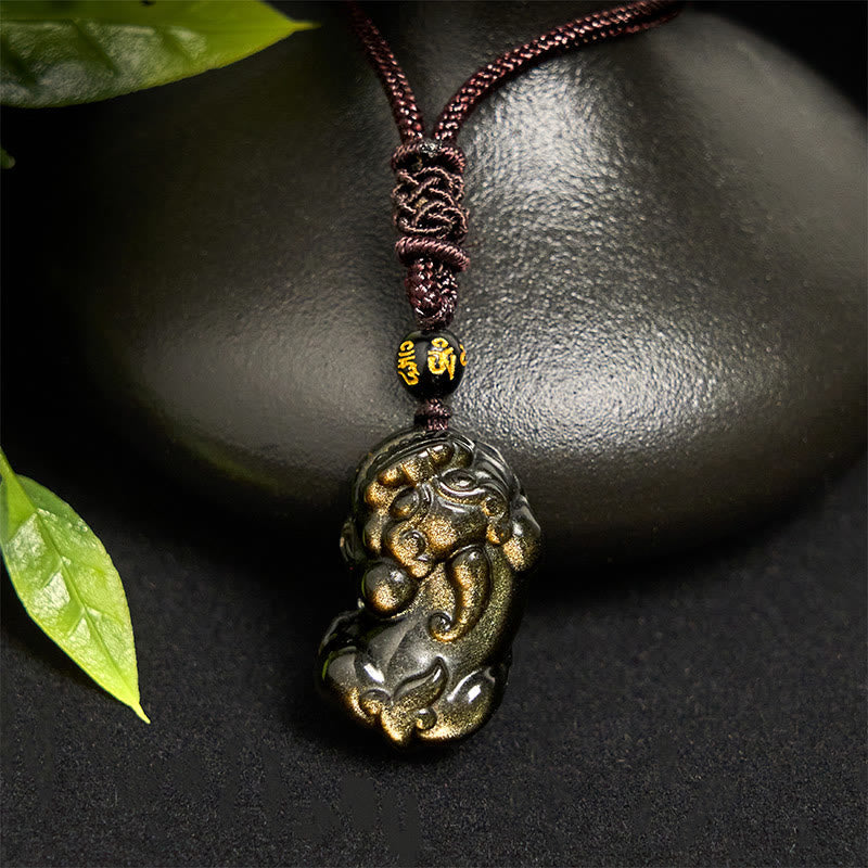 Nimara Ritual Gold Sheen Obsidian PiXiu Wealth Rope Necklace Pendant