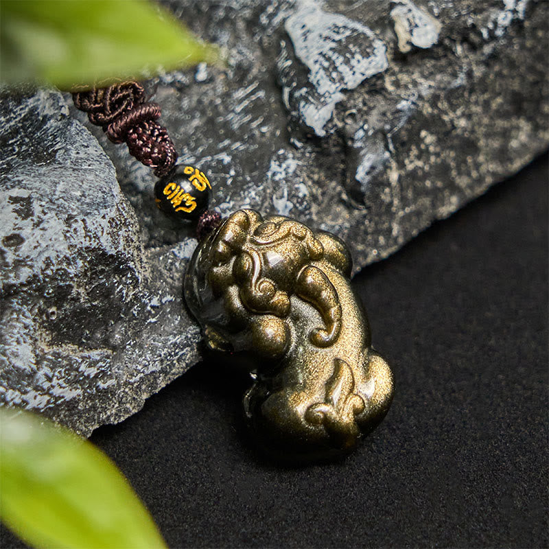 Nimara Ritual Gold Sheen Obsidian PiXiu Wealth Rope Necklace Pendant