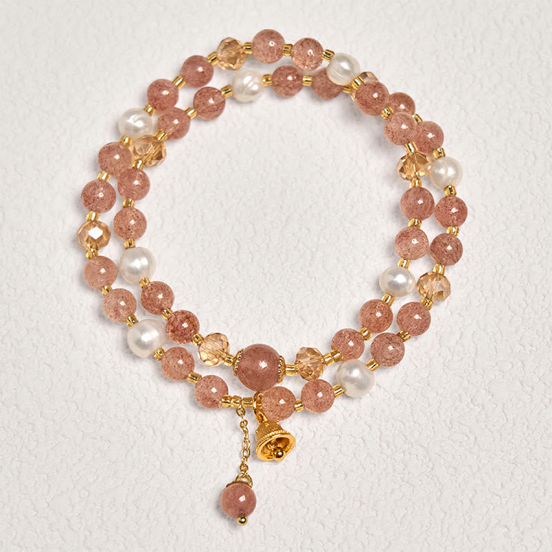Nimara Ritual Natural Strawberry Quartz Pearl Bell Healing Double Wrap Bracelet