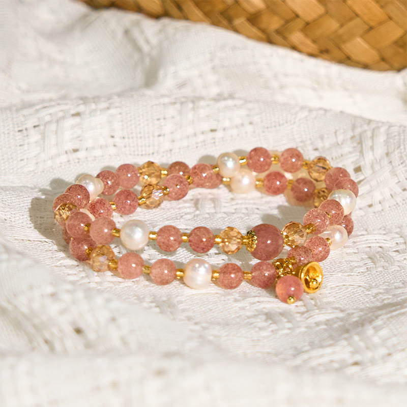Nimara Ritual Natural Strawberry Quartz Pearl Bell Healing Double Wrap Bracelet