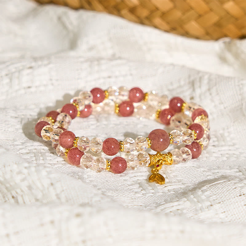 Nimara Ritual Natural Strawberry Quartz Crystal Bamboo Positive Double Wrap Bracelet