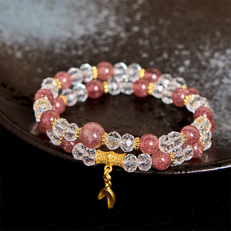 Nimara Ritual Natural Strawberry Quartz Crystal Bamboo Positive Double Wrap Bracelet