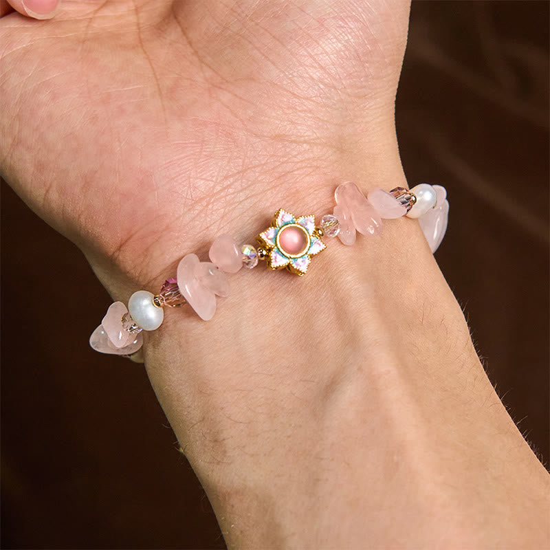Nimara Ritual Natural Gravel Rose Quartz Flower Pearl Healing Bracelet