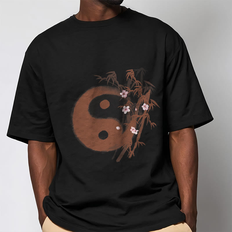 Nimara Ritual Yin Yang Bamboo Cherry Blossom Pattern Tee T-shirt
