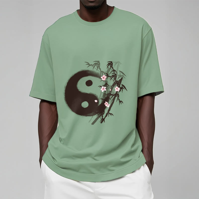 Nimara Ritual Yin Yang Bamboo Cherry Blossom Pattern Tee T-shirt