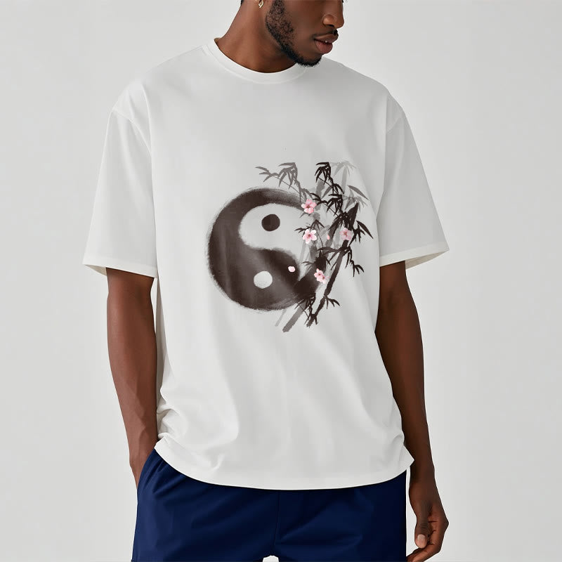 Nimara Ritual Yin Yang Bamboo Cherry Blossom Pattern Tee T-shirt