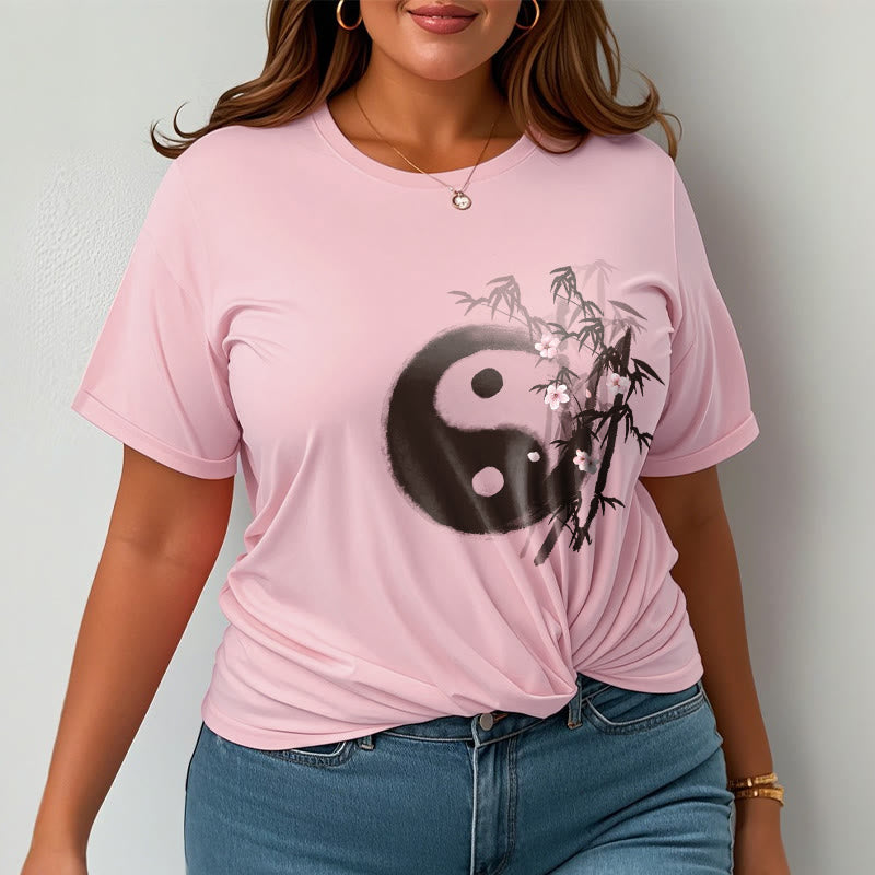 Nimara Ritual Yin Yang Bamboo Cherry Blossom Pattern Tee T-shirt