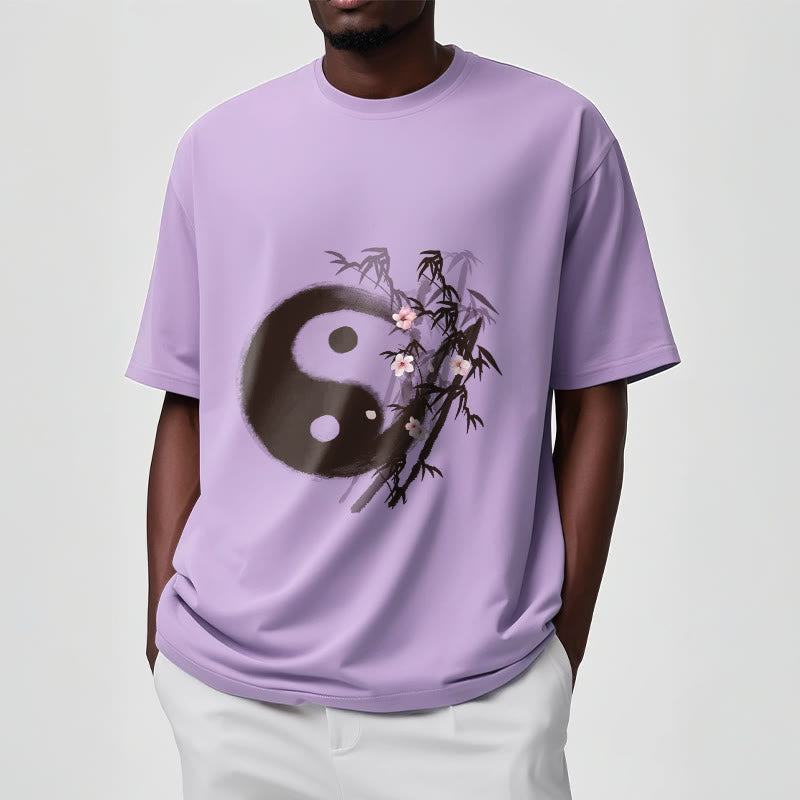Nimara Ritual Yin Yang Bamboo Cherry Blossom Pattern Tee T-shirt